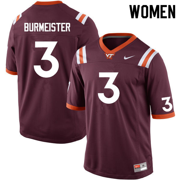 Women #3 Braxton Burmeister Virginia Tech Hokies College Football Jerseys Sale-Maroon